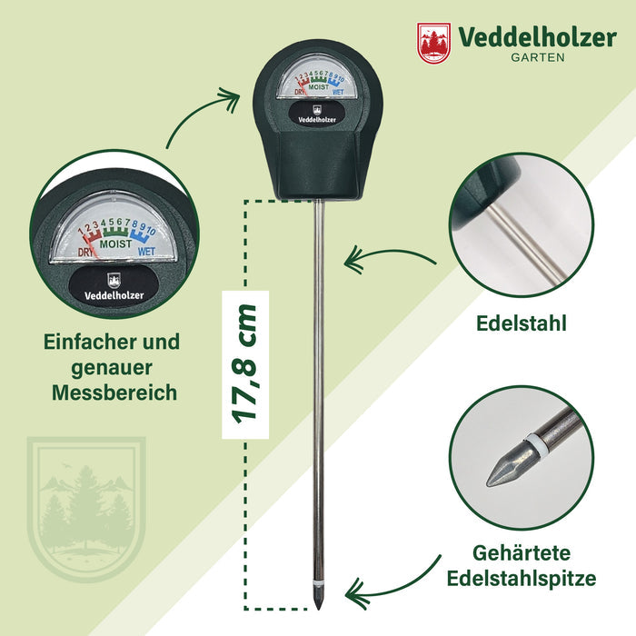 Detailangaben: 17,8 cm lange Sonde aus Edelstahl mit gehärteter Spitze und Skala von 1 bis 10 für trocken, feucht und nass