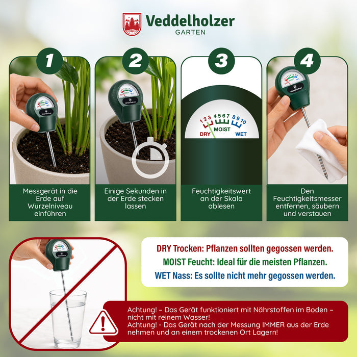 Anwendung in vier Schritten: einstecken, warten, ablesen, säubern – dry heißt gießen, moist ideal, wet nicht mehr gießen