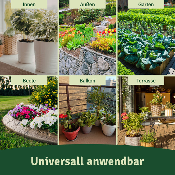 Sechs Einsatzorte im Bild: Zimmerpflanzen innen, Außenbereich, Gemüsegarten, Blumenbeet, Balkonkübel und Terrasse