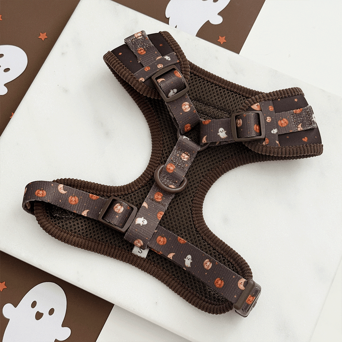 Brown dog harness with cute Halloween print featuring pumpkins, ghosts, and moons.