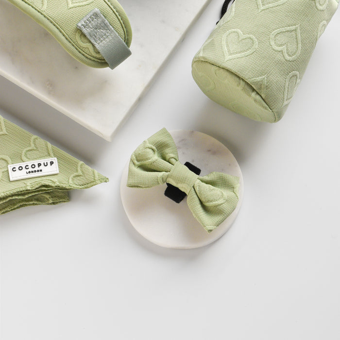 Sage green bow tie with heart pattern, matching bandana, and small pouch on a white surface.