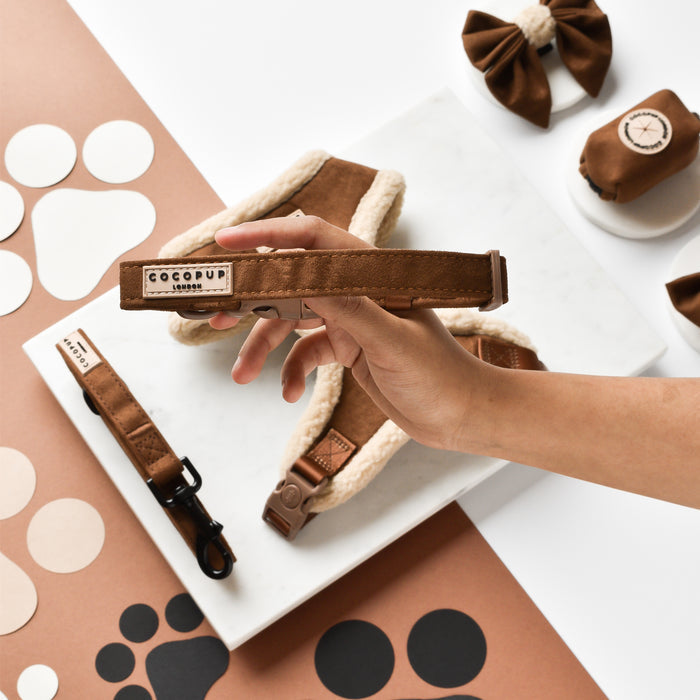 Hand holding a brown faux suede dog collar with cream trim and buckle, by Cocopup London.
