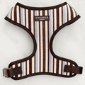 Brown, blue and white striped Dog Harness. With brown hardware and Cocopup logo badge.