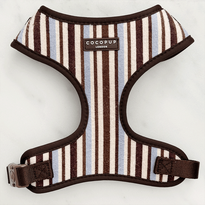 Brown, blue and white striped Dog Harness. With brown hardware and Cocopup logo badge.