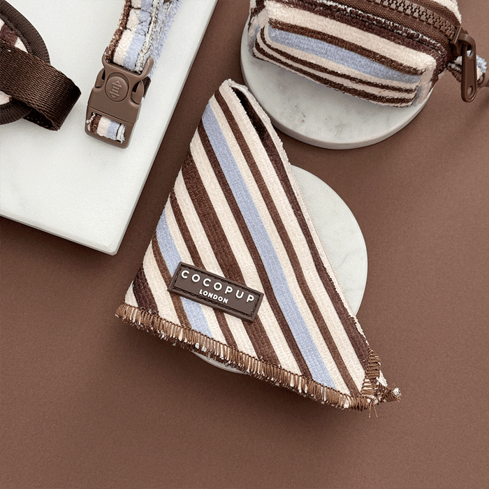 Brown, blue and white striped Dog Bandana, designed to tie around neck.