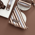 Brown, blue and white striped Dog Bandana, designed to tie around neck.