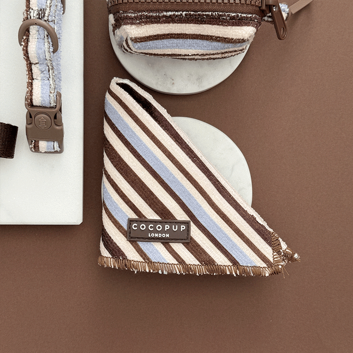 Brown, blue and white striped Dog Bandana, designed to tie around neck.