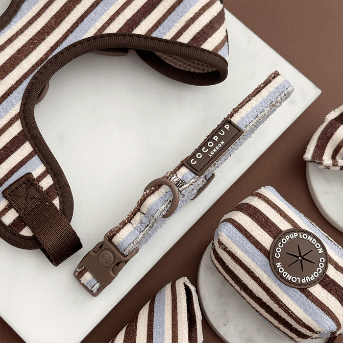 Brown, blue and white striped Dog Collar. With brown hardware and Cocopup logo badge.