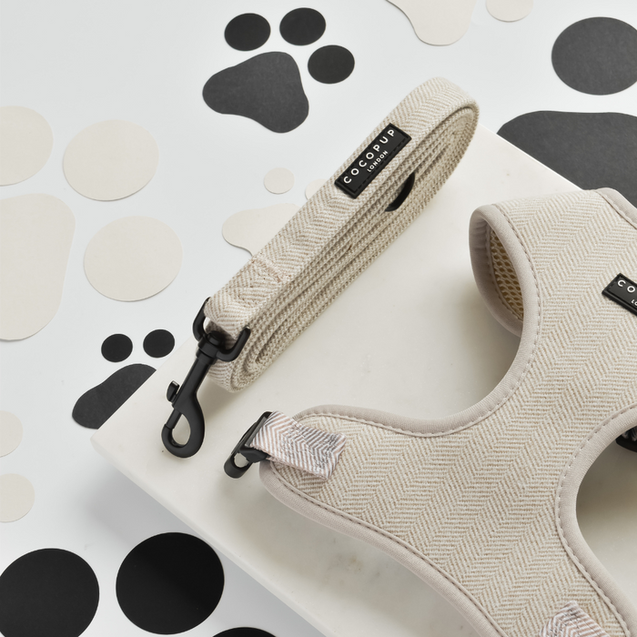 Image of a beige dog harness and matching leash with black hardware from Cocopup London, placed on a white surface with black, white, and beige paw print patterns in the background. This Brown Tweed Adjustable Neck Harness, Lead & Collar Bundle features stylish herringbone fabric, perfect for chic dog walks.