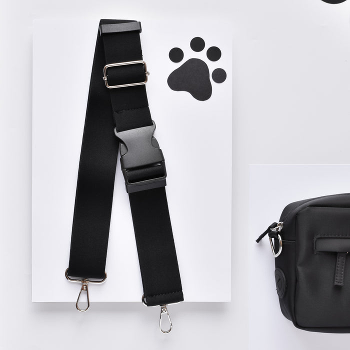 Wide black Cocopup London strap with metal clips beside a mocha bum bag bundle.