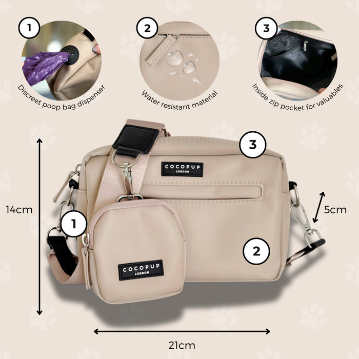 Caramel Latte dog walking bag with mini pouch and poop bag dispenser, made of water-resistant fabric.