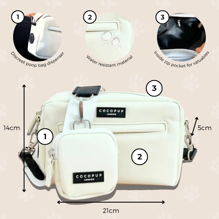 Oyster white Cocopup London dog walking bag with front pocket, treat pouch, and built-in poop bag dispenser.