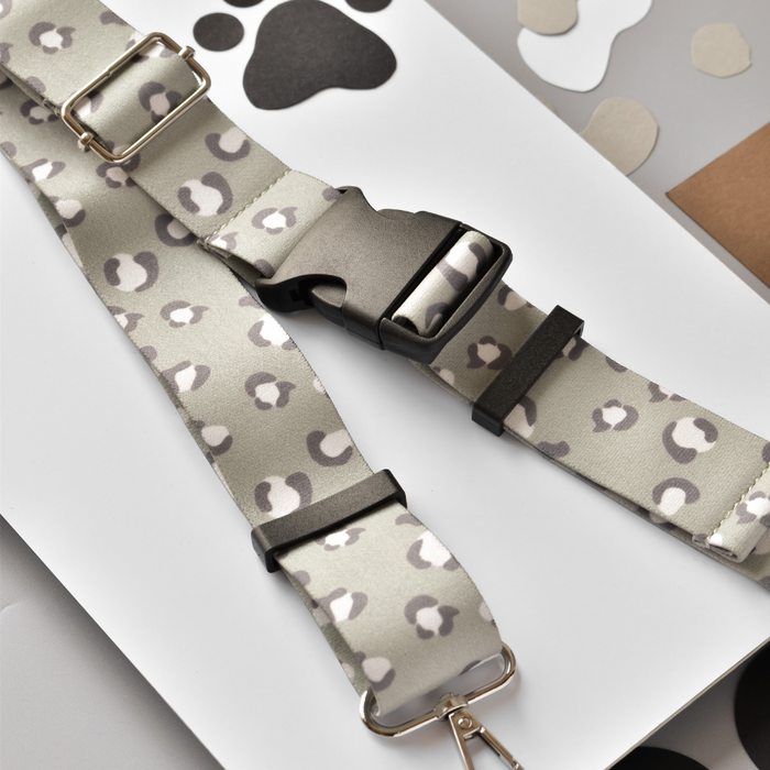 Sage leopard print bum bag bundle with matching dog walking bag, strap, and gray/white dog harness.