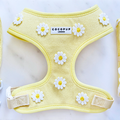 Buttercup Pup adjustable neck harness by Cocopup London with daisy pattern, displayed on a marble surface.