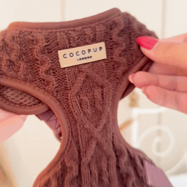 Brown cable knit adjustable dog harness with soft texture and Cocopup London logo tag.