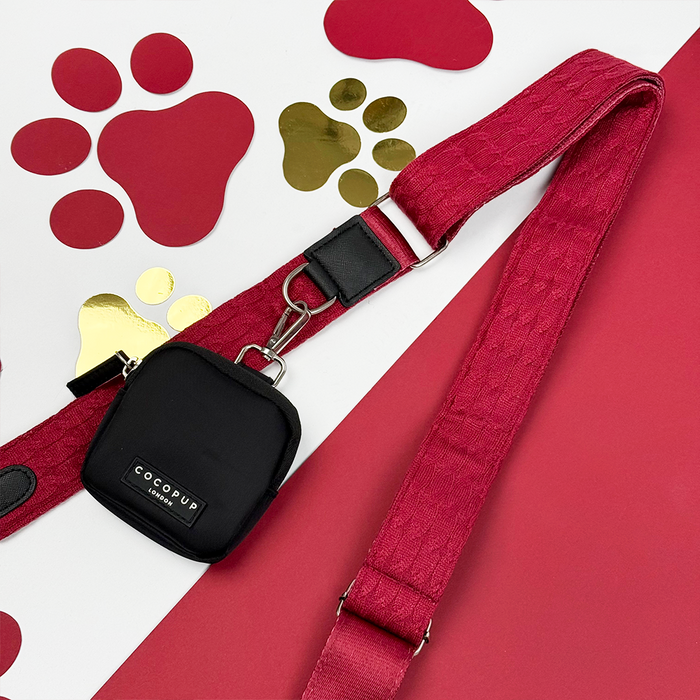 Cable knit bag strap in deep mulled wine color with textured pattern and metal clips, from Cocopup London.