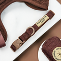 Brown cable knit dog collar with Cocopup London logo and matching accessories on a white background.