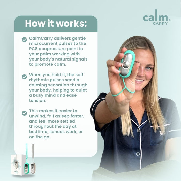 Person holding a device with text explaining Calm Carry's functionality on a light blue background