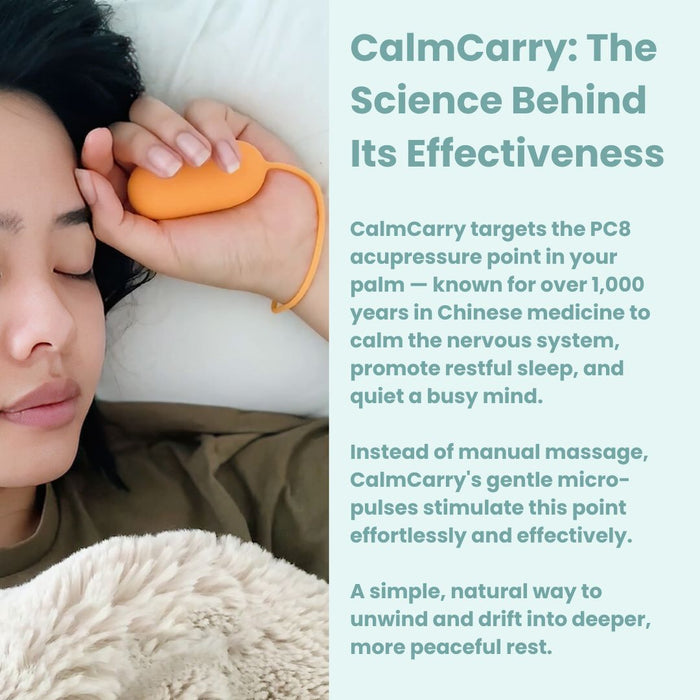 Person using a handheld device on their palm with text about CalmCarry's effectiveness.