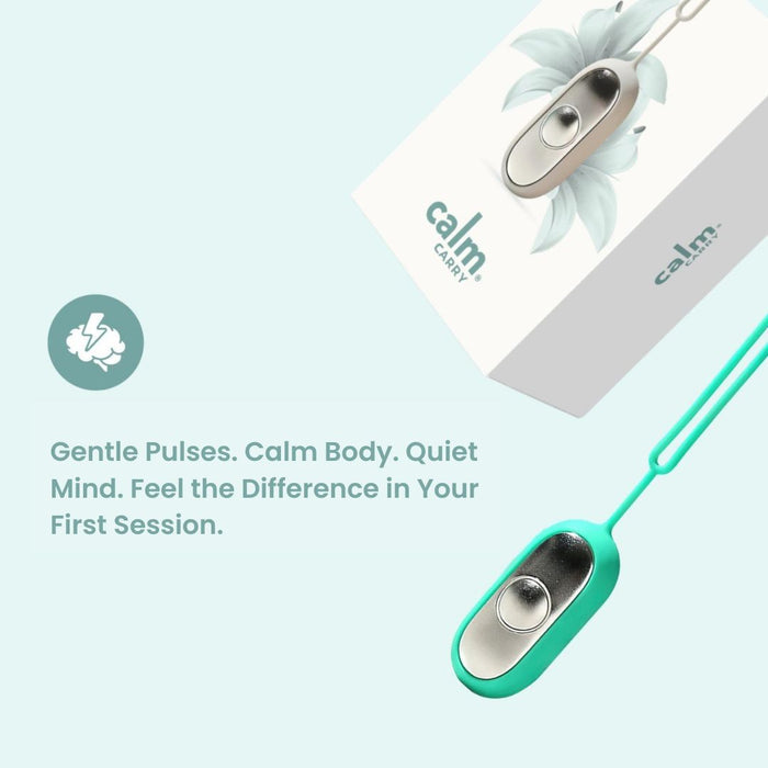 CalmCarry device with a cable on a light blue background