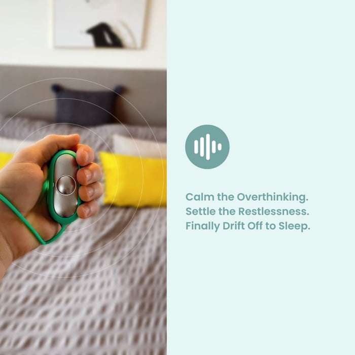 Hand holding a green and silver CalmCarry device with text about mental health benefits on a light blue background.