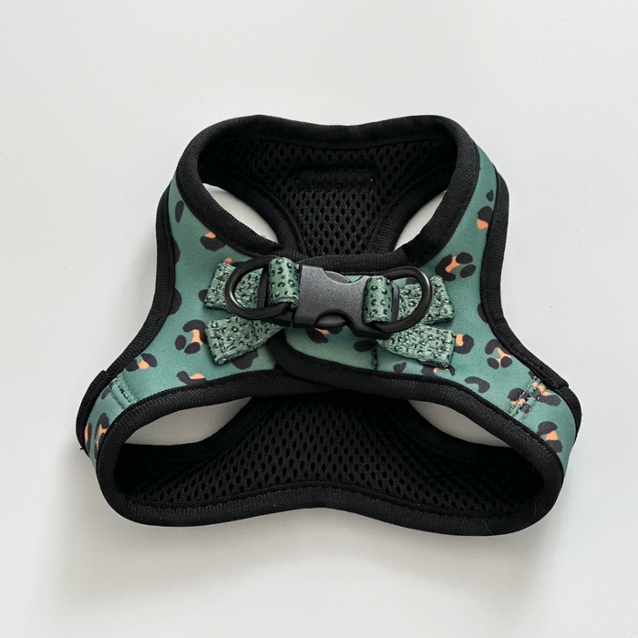 Khaki leopard print cat harness with matching bowtie, displayed on a plain white background.