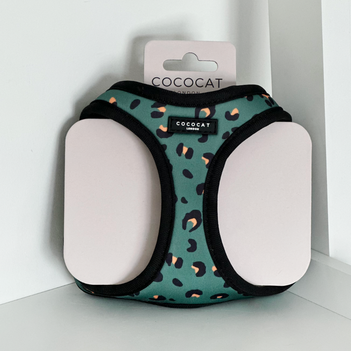 Khaki leopard print cat harness with black trim from Cocopup London on a white background.