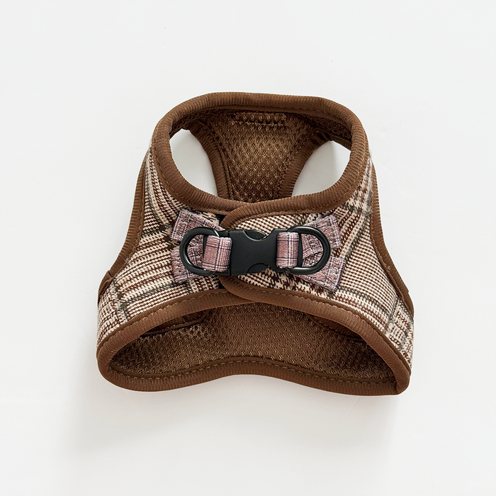 Plaid cat harness with black buckle, designed for kittens, shown on a white background.