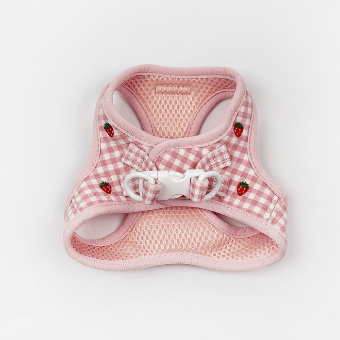 Pink plaid cat harness with strawberry print, mesh lining, step-in style, shown on a white background.