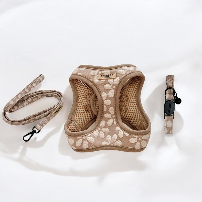 Mocha Flower cat harness, lead, and collar set from Cocopup London arranged on a white background.