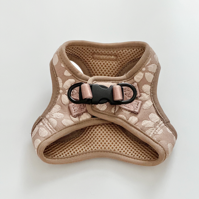 Mocha Flower-patterned cat harness, lead, and collar set from Cocopup London laid out on a white background.