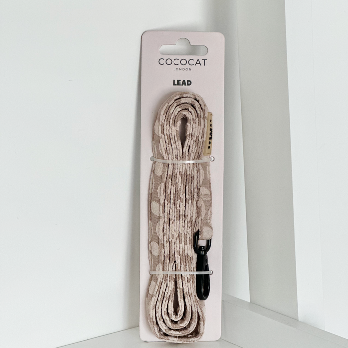 Mocha Flower cat harness, lead, and collar set by Cocopup London in packaging on a white background.