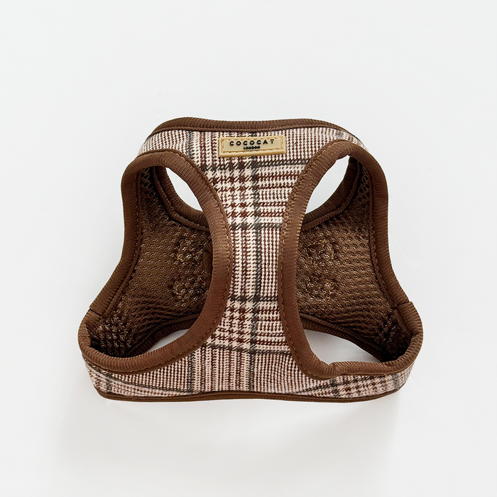 Plaid harness, lead, and collar set with soft mesh lining in neutral tones by Cocopup London.