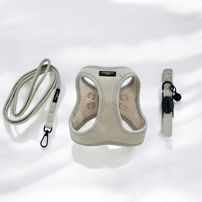 Sage tweed cat harness, lead, and collar set by Cocopup London on a white background.