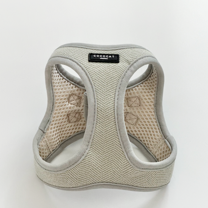 Sage tweed cat harness, lead, and collar set by Cocopup London displayed flat on a white background.