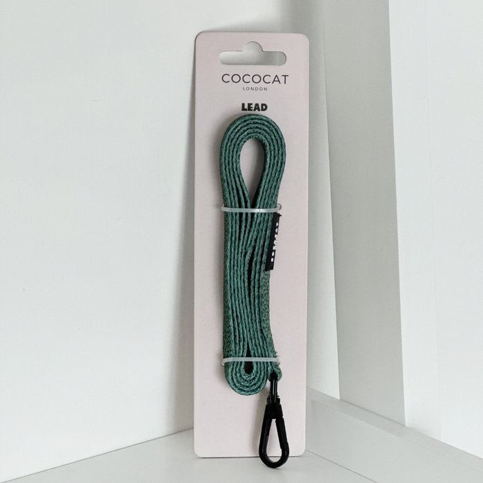Khaki leopard print cat lead with black clasp, displayed upright on a white card against a white background.