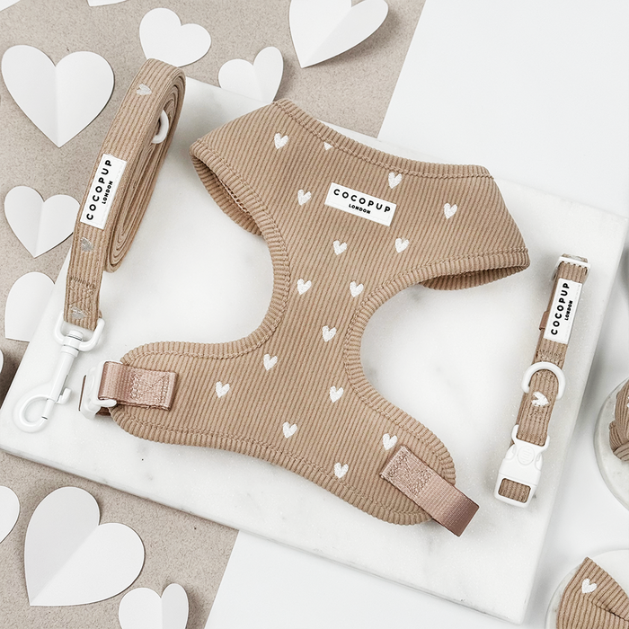 Beige harness, lead and collar set with white heart pattern by Cocopup London, displayed on marble with heart decorations.