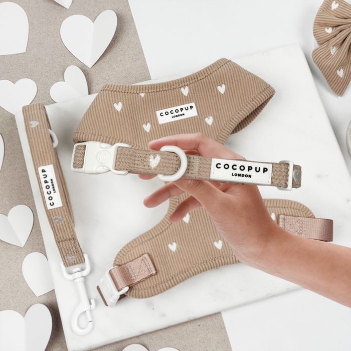 Hand holds tan Cocopup London harness, lead, and collar set with white heart pattern.