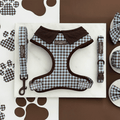 A brown and blue check print dog harness, collar and lead. With brown hardware.