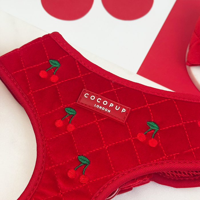Red quilted velvet dog harness with embroidered cherry details and adjustable neck by Cocopup London.