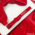 Red quilted dog collar with cherry embroidery, Cherry Velvet Crush by Cocopup London.