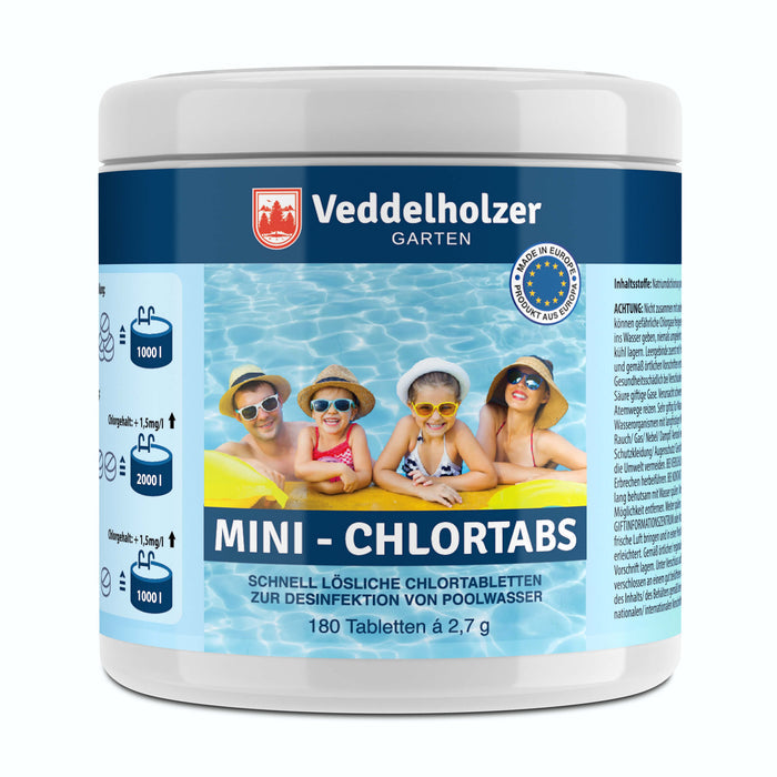 Weiße Dose „Mini-Chlortabs“ mit Familienfoto im Pool, Angabe 180 Tabletten á 2,7 g und Dosiersymbolen für 1000 und 2000 Liter