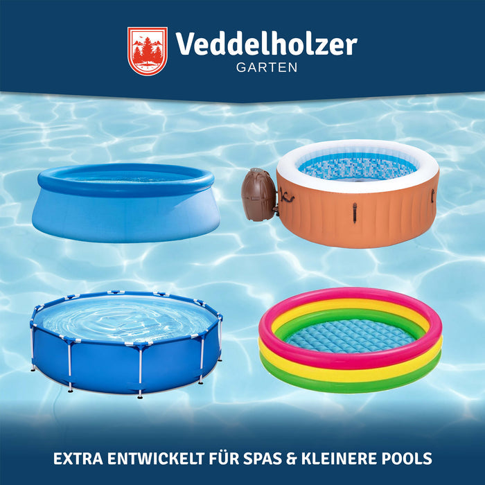 Vier Beckentypen über Wasser: Quick-up-Pool, aufblasbarer Whirlpool, Stahlrahmenbecken und buntes Planschbecken