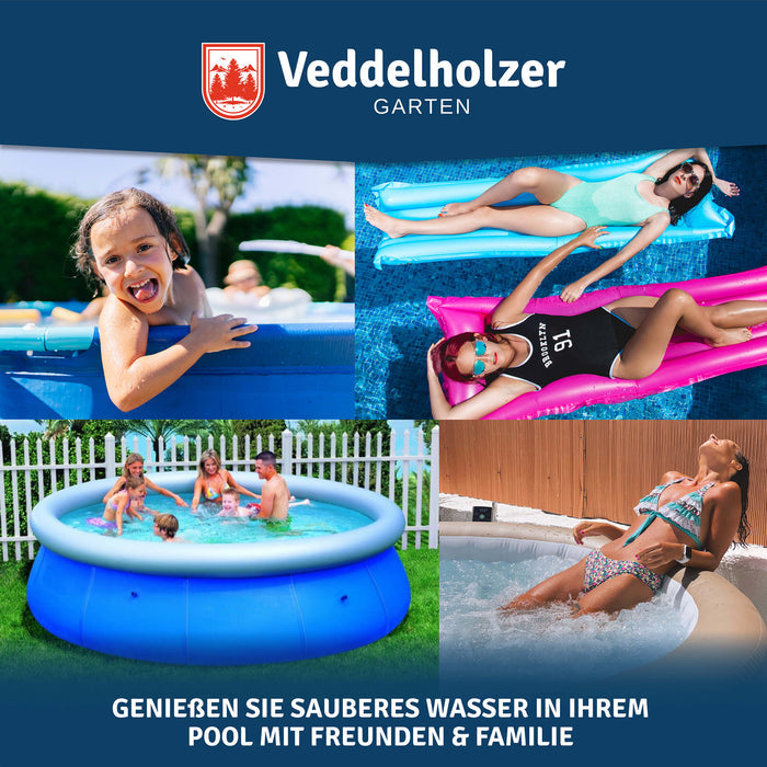 Collage aus vier Badeszenen: Mädchen am Beckenrand, zwei Frauen auf Luftmatratzen, Familie im Pool und Frau im Whirlpool
