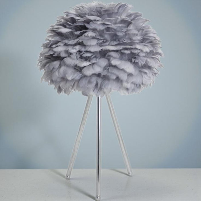 Chrome Tripod Table Lamp With Grey Feather Shade