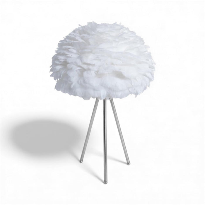 Chrome Tripod Table Lamp With White Feather Shade