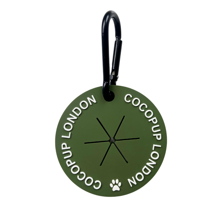 Khaki Cocopup London CocoPOOP Pocket poop bag holder with black carabiner attachment.