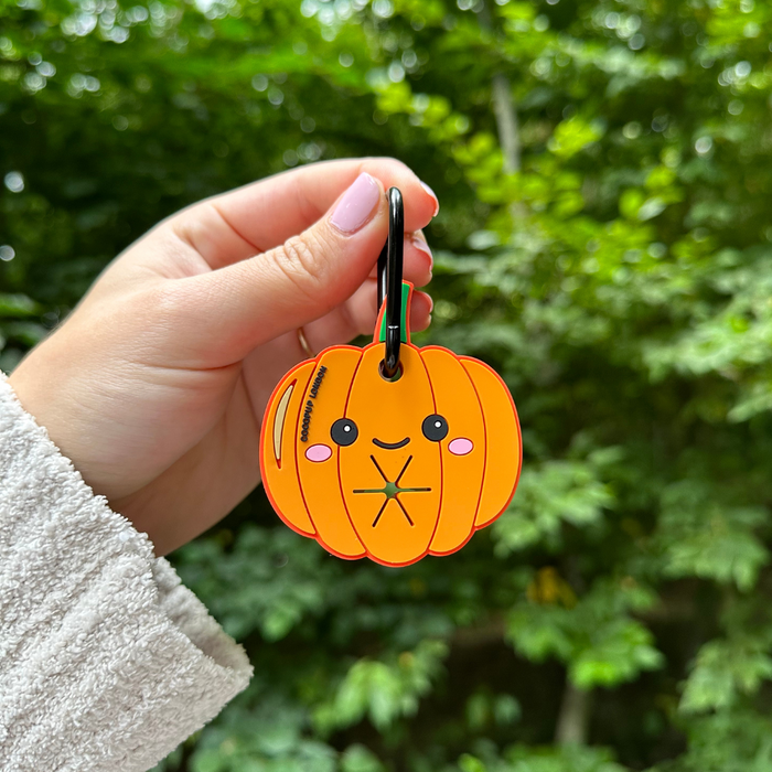 Orange pumpkin-shaped keychain for dog poop bags, with a cute face design and zipper closure.