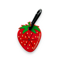 Strawberry-patterned Cocopup London CocoPOOP Pocket tag with metal clip and matching poop bag holder.
