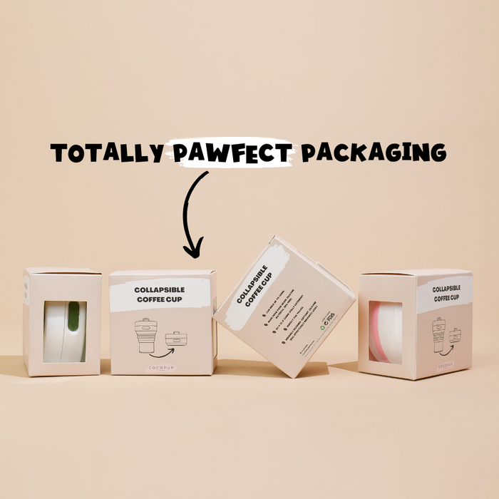 Four khaki Cocopup London collapsible coffee cups in branded boxes with Totally Pawfect Packaging text.